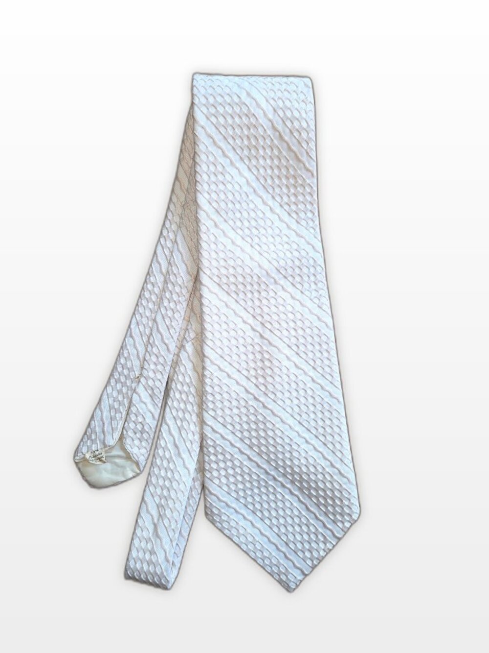 Vintage 1970s Ivory Cream Basketweave Mens Tie Wide Blade UNION MADE USA